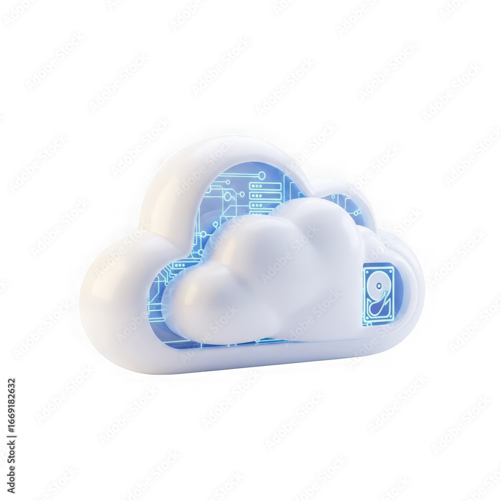 Poster 3d icon of abstract cloud computing concept with digital data and hard drive icon isolated on transp