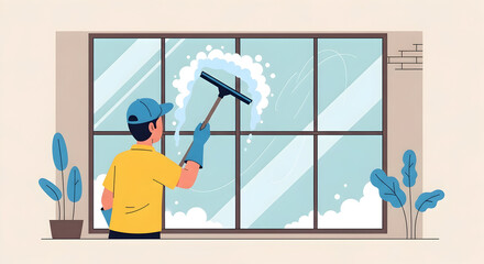 Professional Window Cleaning Service Illustration with Person Using Squeegee