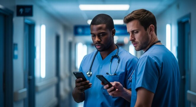 Two medical professionals in scrubs are intently looking at their smartphones in a brightly lit hospital hallway, deep in concentration.