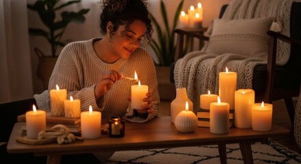 A woman lights candles in a cozy room, creating a warm and inviting atmosphere for relaxation and comfort. Perfect for relaxation.