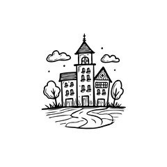 Fototapeta premium Quaint village landscape illustration showcasing whimsical architecture and serene environment