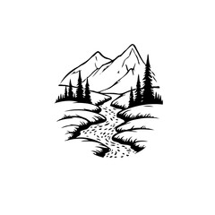 Fototapeta premium Serene mountain scene showcasing a winding river flowing through a lush forest landscape and