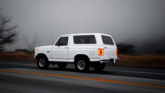 A white pickup truck is driving down a road. The truck is a Chevy pickup and is on a highway