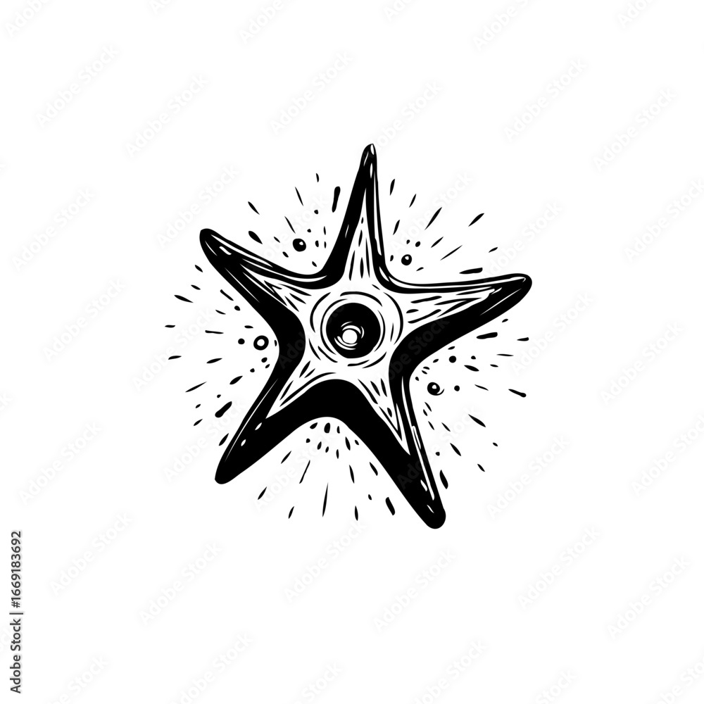 Poster stylized celestial navigation five pointed star with internal concentric circle design and radiant
