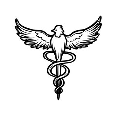 Stylized depiction of avian associated with coiled staff medical symbol suggesting health and