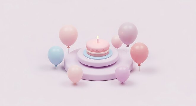 Pastel Birthday Cake with Single Candle Surrounded by Colorful Balloons on White Background