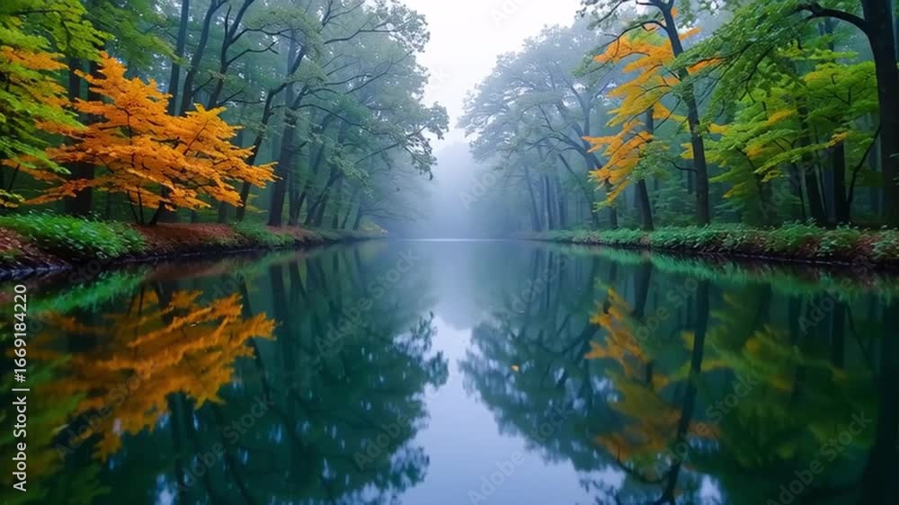 Poster a forest with a river running through it. the water is calm and the trees are green.