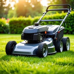 A dark-grey lawnmower sits on a lush green lawn in sunlight