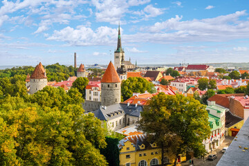 The medieval walled city of Tallinn, Estonia, with the Baltic Sea in the distance seen from Toompea Hill.
