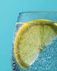 Minimalist close up of citrus sparkling drink with condensation suitable for summer blog and beverage background