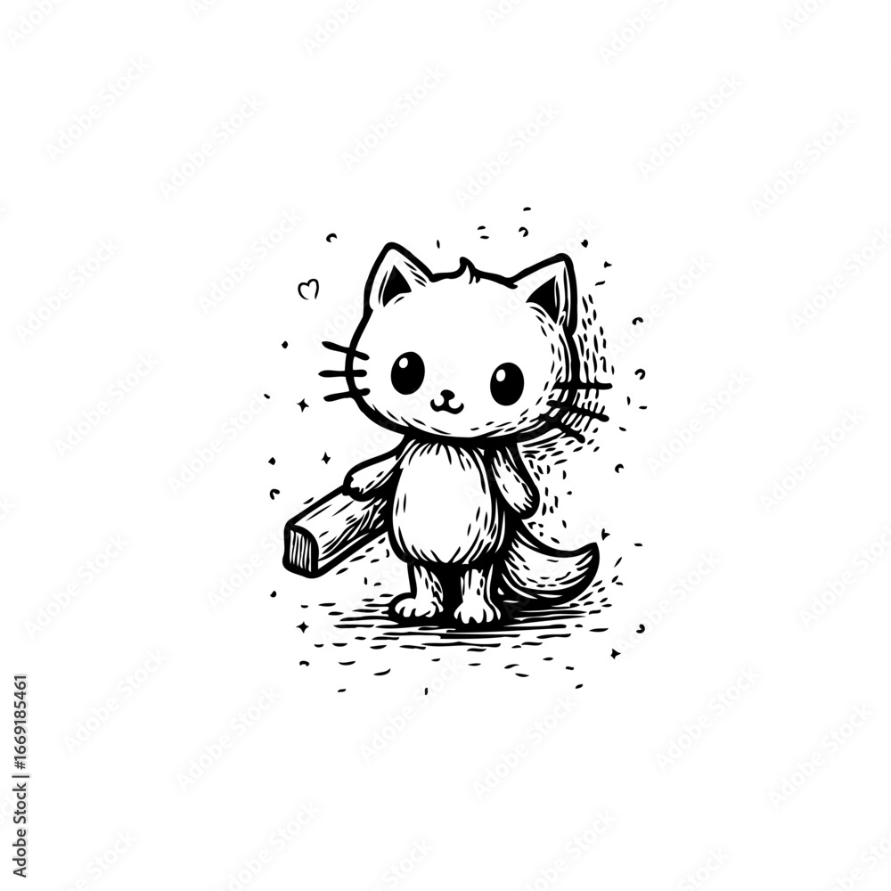 Poster whimsical feline illustration featuring a kitten standing holding a rectangular object with