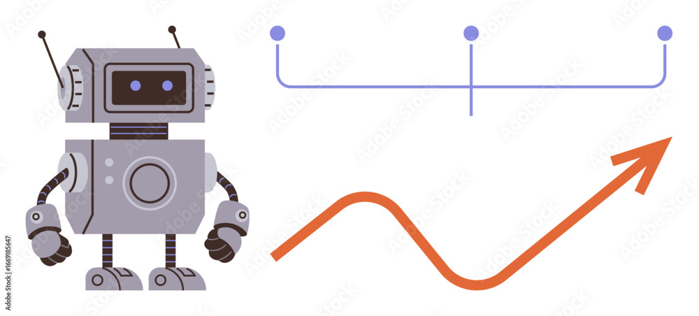 Poster Robot standing beside a wavy growth chart with increasing trend and connection points. Ideal for technology, AI, automation, data analysis, innovation, robotics, progress. Simple flat metaphor