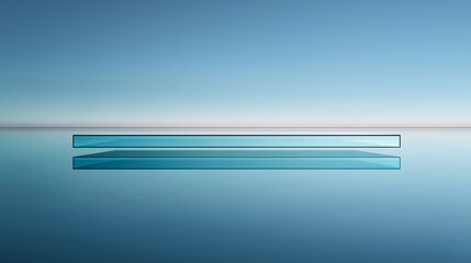 Minimalist, surreal scene featuring a floating glass structure over calm water, with perfect symmetry and a soft, gradient sky. Ideal for design, architecture, and conceptual advertising.