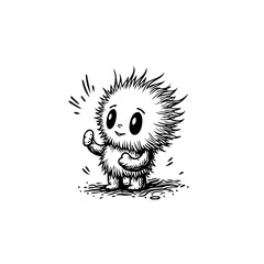 Whimsical hairy creature welcomes with open gesture a charming cartoon character radiates