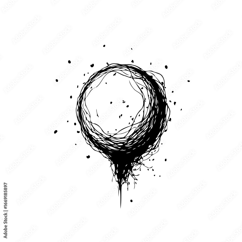 Poster whimsical ink sketch of chaotic circular tangle with splatters creating a dynamic visual narrative