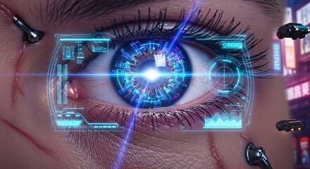 Futuristic eye with advanced technology, incorporating holographic displays and robotic enhancements, set against a blurred cityscape backdrop.
