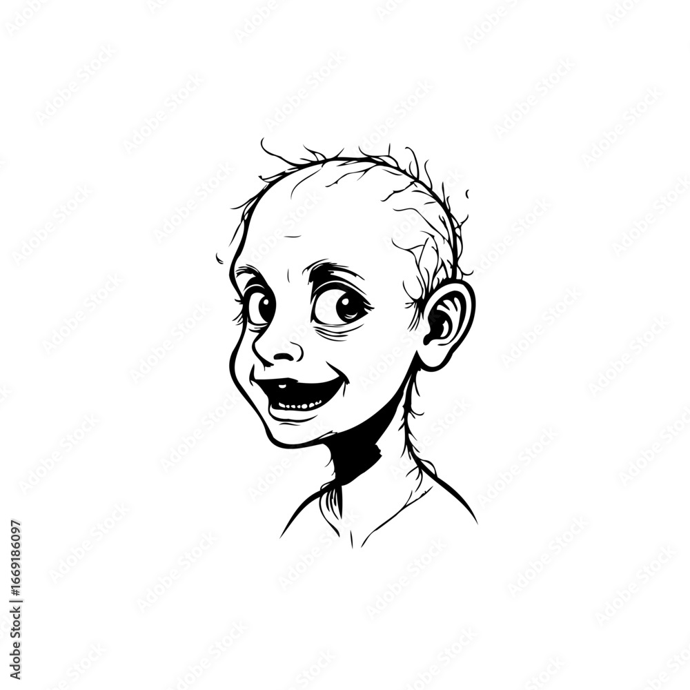 Poster whimsical monochrome portrait of a smiling character with distinct facial features in artistic