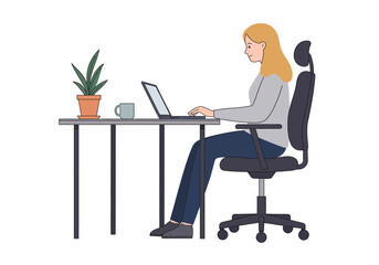 Focused Woman Working on Laptop at Desk.