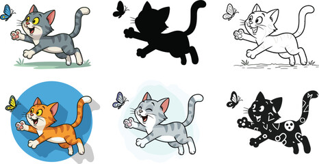 Flat vector illustration of playful cartoon cats chasing butterflies, colorful pets, happy animals, cute kittens in various styles, fun wildlife scene