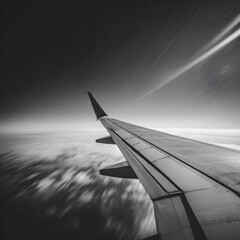 Minimalist monochrome view of airplane wing with clouds suitable for artistic travel blog and aviation background
