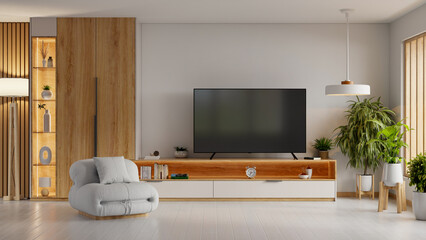 Contemporary home design featuring a comfortable armchair, a sleek TV console, and a variety of green plants, creating a welcoming and stylish atmosphere- 3D rendering