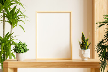 A simple and modern blank wooden picture frame mockup on a table, ready for you to add your design, photo, or art- 3D rendering