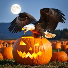 A bald eagle perched on a jack-o'-lantern in a pumpkin patch under a full moon