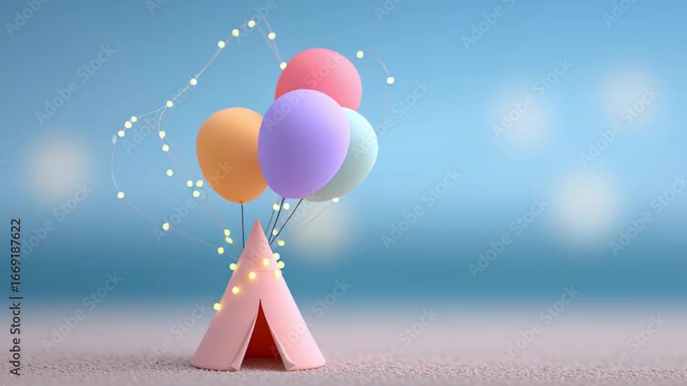 Poster a small tent with a few balloons on top of it. the balloons are in different colors and are floating