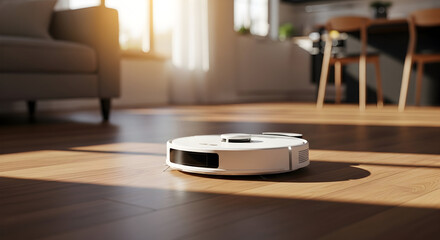 Smart robotic vacuum cleaner effortlessly cleans hardwood floors in a modern living room, providing a spotless and convenient home experience.
