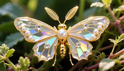 A gold butterfly brooch adorned with iridescent crystals and pearls, set against a blurred background of green foliage