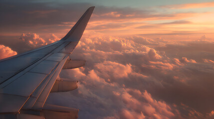 Airplane wing view with soft orange glow on clouds perfect for journey blog and wanderlust content