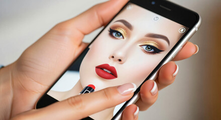 Virtual Makeup: Woman Applying Digital Lipstick on Smartphone Screen
