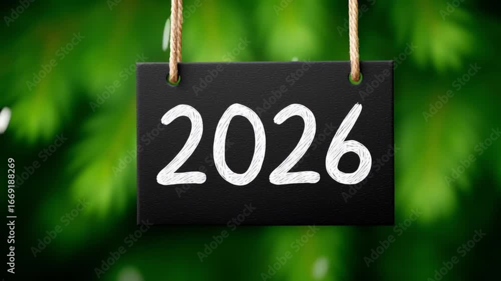 Poster a black sign with the number twenty-twenty-six written on it. the sign is hanging from a tree branch