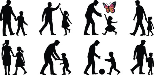 Silhouette of parents playing with children, family bonding activities, outdoor fun, parenting moments, flat vector illustration, isolated white background