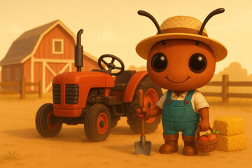 Labor Day Agriculture Concept Cute Ant Farmer with Tractor - 3D Illustration