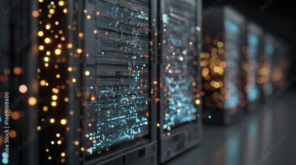 Poster a medium closeup of a data center with servers adorned with visual representations of encrypted data