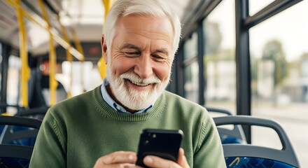 Happy senior man smiles while checking his smartphone on a public bus, enjoying his day.