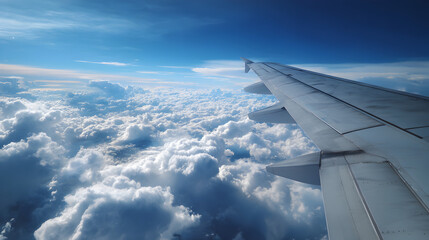 View from airplane window with clouds over ocean ideal for travel photography and adventure blog design