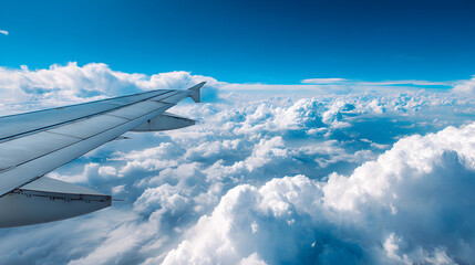 Aerial travel view with airplane wing above clouds and ocean suitable for travel blog and aviation background