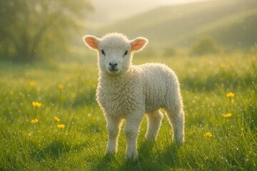Naklejka premium Adorable Young Lamb Standing in Spring Meadow with Wildflowers and Soft Morning Light