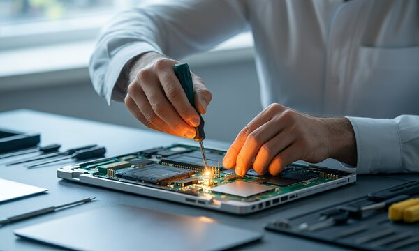 Close-up of hands repairing computer motherboard, technology repair, electronics maintenance, computer component replacement