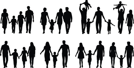 Multiple families walking together, children with parents, family bonding, parenting love, unity in silhouette, flat vector illustration, isolated white background
