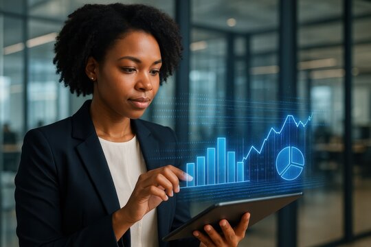 African businesswoman analyzing holographic data visualization for stock market insights