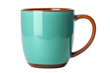Vibrant turquoise ceramic mug with contrasting brown rim and handle, meticulously isolated on a clean white background, showcasing its modern design