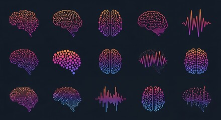 Collection of Circuit Brain and Waveform Icons Artificial Intelligence, Technology, and Neurology Graphics