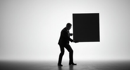 Obraz premium Silhouette of a man in a suit carrying a large black box against a white background.