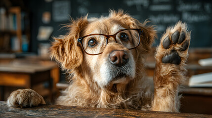 Playful Dog Wearing Glasse Sitting at Desk with Paw aised as if Asking a Queston in Classroom Setting