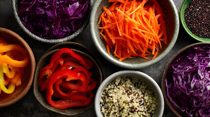 Colorful vegetable bowls with red cabbage carrots and peppers great for wellness blog or background design