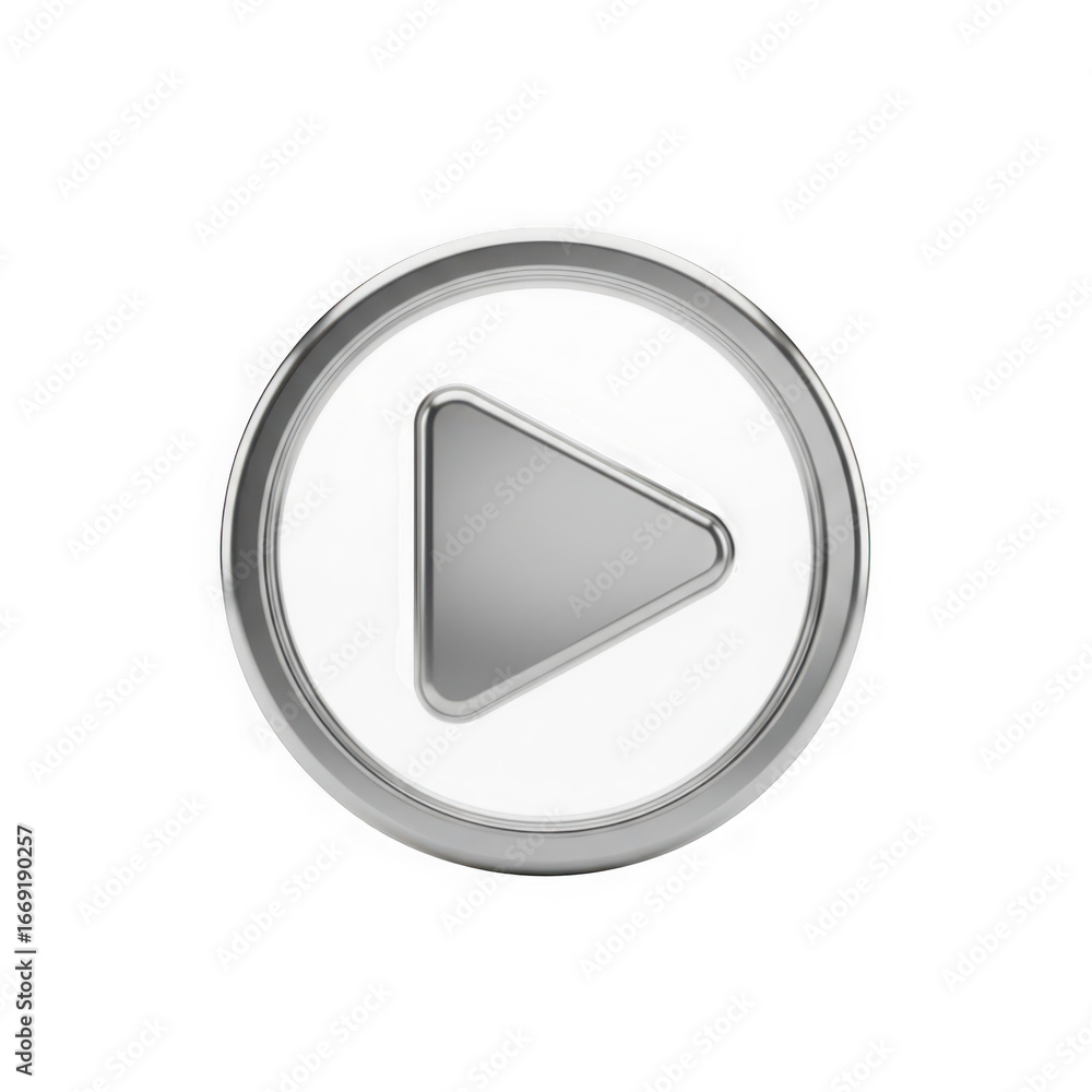 Poster 3d icon of glossy silver play button icon isolated on transparent background, representing media pla