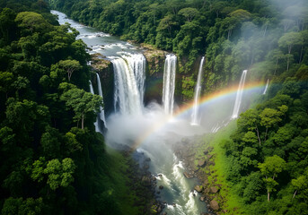 Fototapeta premium Stunning waterfall cascading through lush green rainforest with vibrant rainbow creates a magical, serene scene perfect for travel and nature themes